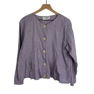 Linen Button Up Purple Embroidered Blouse M Lagen ALY WEAR Made in USA Spring